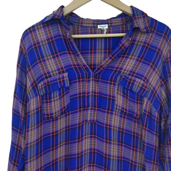 Splendid Plaid Popover Collar Roll Tab Sleeve Shirt Blouse Size M Blue Red Rayon - Picture 6 of 10